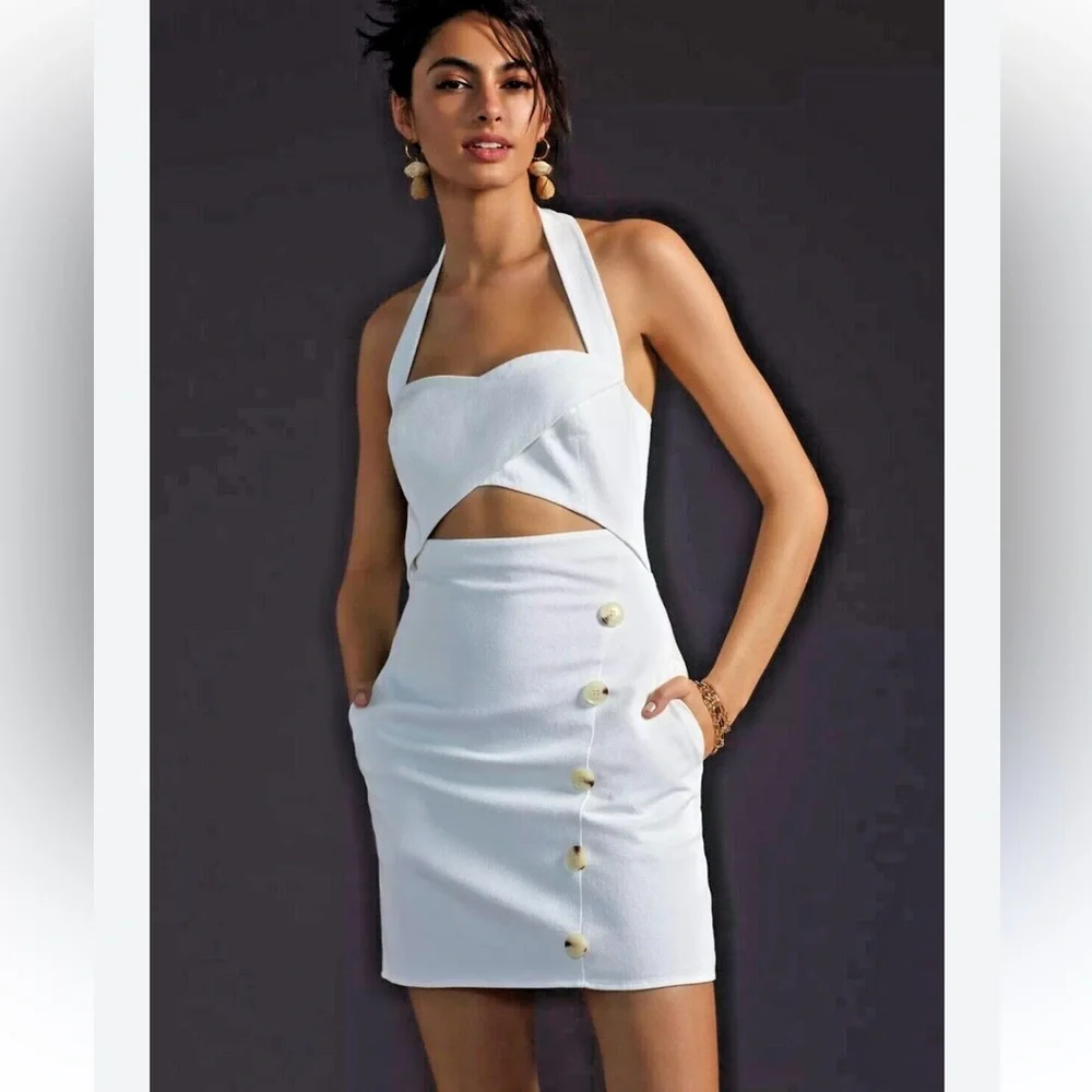 Anthropologie Mare Mare Button Front Halter Mini Dress White Size S - Picture 2 of 9